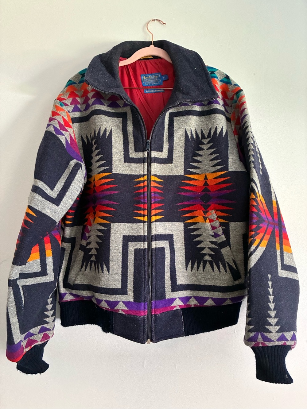 Pendleton Mens Navy Wool Geometric Zip Jacket with Orange & Purple Accents